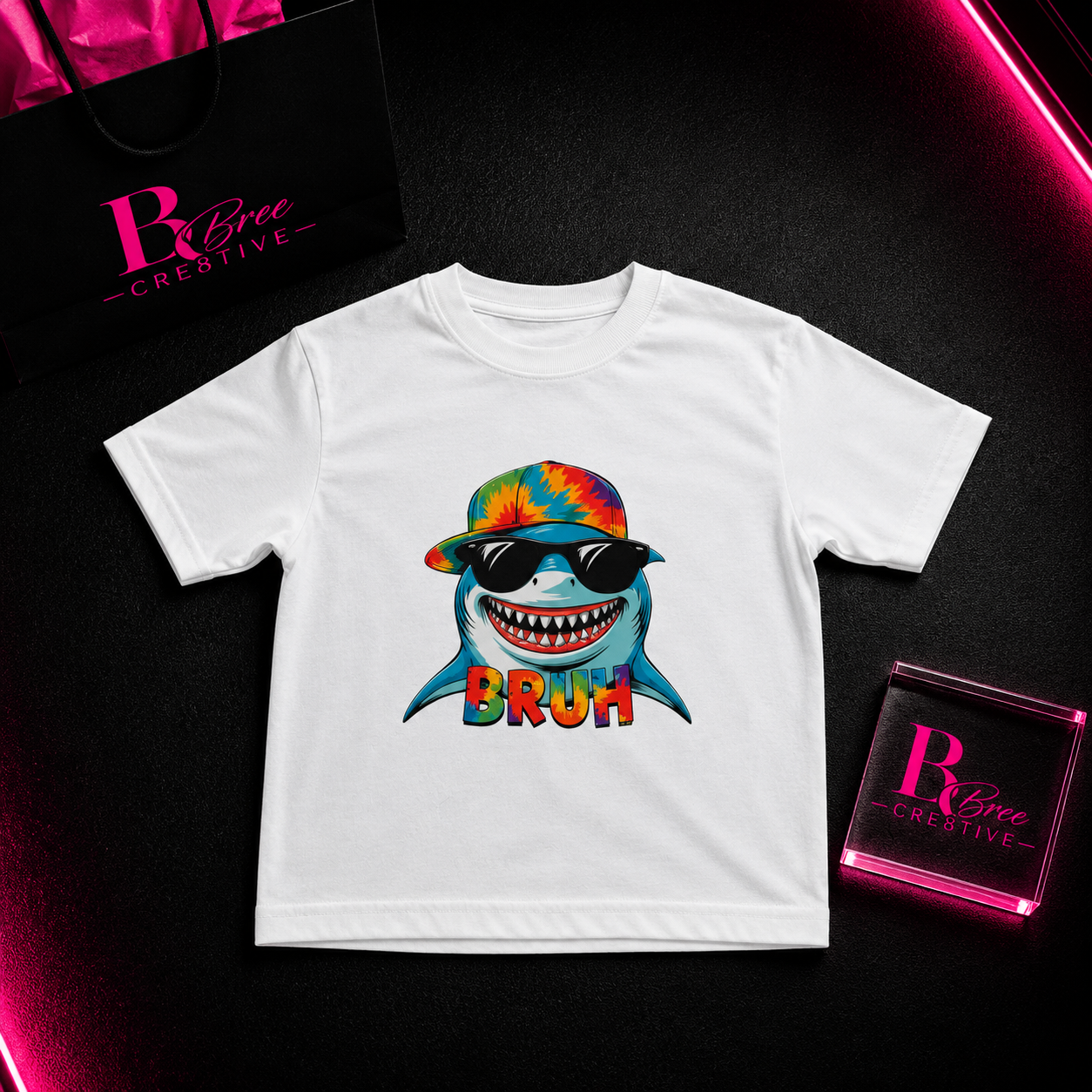 Bruh Tie-Dye Shark Kids Graphic T-Shirt